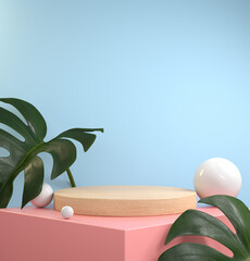 3D Render Minimal Mockup Wood Pedestal Podium On Pink And Blue Pastel Monstera Background