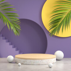 3D Render Minimal Wood Podium Platform On Concrete Floor, Palm Leaf, Purple Background Wall