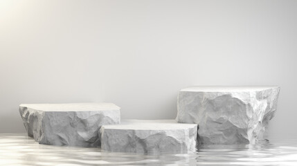 Modern Mockup Step Stone Podium Display Set On Ripple Water 3D Render Background