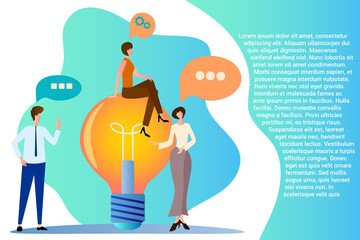 Startup.People on the background of an electric lamp.Business meeting and search for solutions.Brainstorming and new projects.Flat vector illustration.