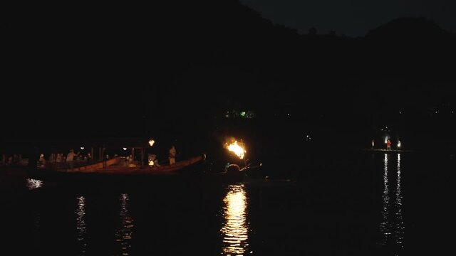 Ukai Cormorant Fishing Boats Traveling Down Stream on Nagaragawa River, Gifu, Japan