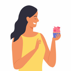 Young brunette woman with cupcake. No diet. Happy character on white background. Vector illustration in flat style.