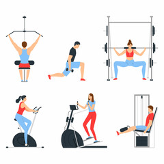Fototapeta na wymiar Group of people in the gym. Men and women doing exercises on sports equipment. Healthy lifestyle.Flat vector illustration isolated on white background.