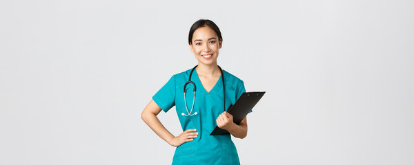 Healthcare workers, preventing virus, quarantine campaign concept. Smiling pleasant asian female...