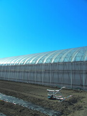 真冬の農業用ハウスと一輪運搬車のある畑風景