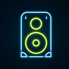 Glowing neon line Stereo speaker icon isolated on black background. Sound system speakers. Music icon. Musical column speaker bass equipment. Colorful outline concept. Vector