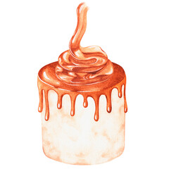 A cake and a jar of caramel.Sweets.Watercolor illustration. Isolated on a white background