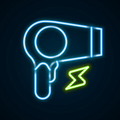 Glowing neon line Hair dryer icon isolated on black background. Hairdryer sign. Hair drying symbol. Blowing hot air. Colorful outline concept. Vector