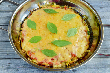 Homemade cabbage pizza with tomato sauce and cheese