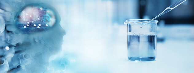 glass dropper with water drop in beaker with molecular structure science equipment and artificial intelligent innovation banner laboratory background