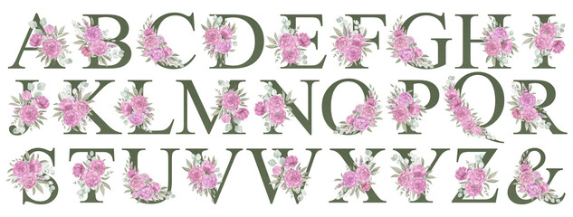 Floral vintage gray-green alphabet, letters set decorated of watercolor pale pink peonies, leaves and eucalyptus branches.
