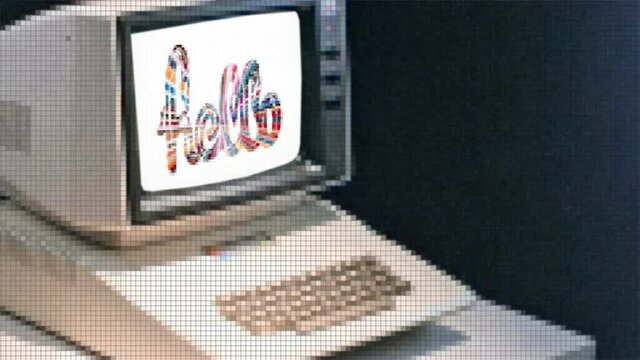 retro computer with the word hello on the screen 