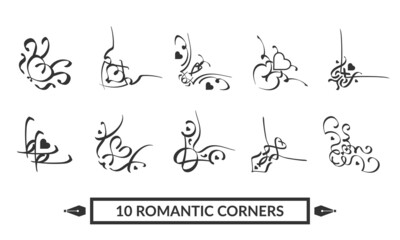 Set of 10 romantic frame corners. Template for  romantic letter, greeting cards, wedding invitations, etc. Vector illustration on white background.