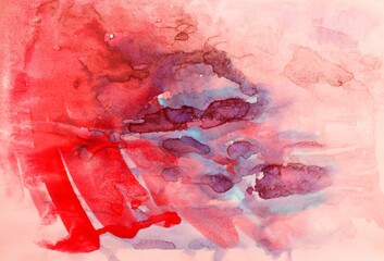 Red and blue watercolor background. Transparent lines and spots. Paint leaks and ombre effects. Abstract hand-painted image.