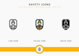 Safety icons set vector illustration with solid icon line style. Secure work accident concept. Editable stroke icon on isolated background for web design, user interface, and mobile application