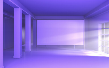 Purple board mock up on light background. Room interior. Pastel minimal wall scene, studio room with empty blank. Minimal empty studio room. Clean render space with window and columns in violet color