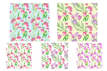 set of patterns with watercolor tulips