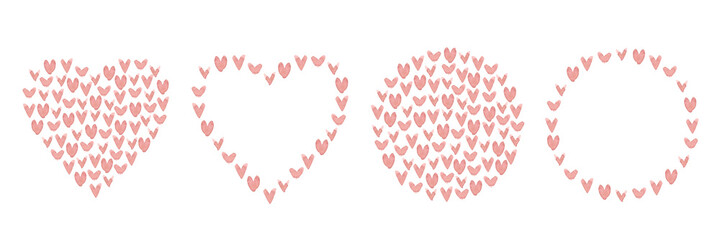 Set of watercolor frames with hearts isolated on white background.