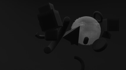 Abstract 3D rendering, a set of realistic 3D rendering primitives on a black background. With white fluffy ball.