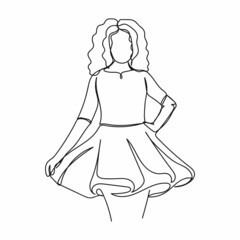 Continuous one simple single abstract line drawing of woman in cocktail dress beauty concept icon in silhouette on a white background. Linear stylized.