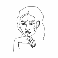 Continuous one simple single abstract line drawing of beautiful woman face beauty concept icon in silhouette on a white background. Linear stylized.