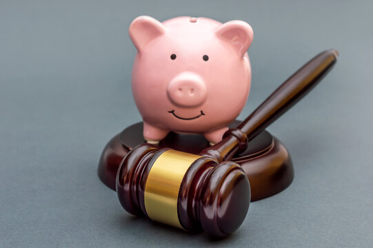 Gavel with piggy bank on grey background.
