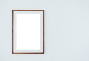 Mockup wooden square picture frame with mount, vertical style, isolated. Blank white on thin wood...
