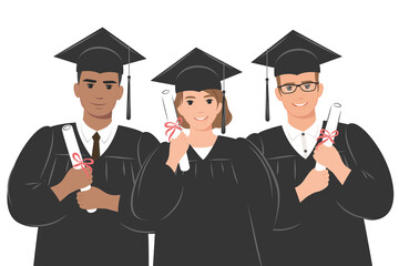 Group of happy students-graduates university or college wearing an academic gown, graduation cap and holding a diploma. Vector illustration
