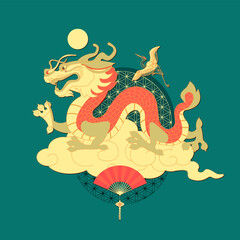 Fototapeta premium China illustration with asian dragon, crane, fan, cloud and sun . Traditional Chinese style.