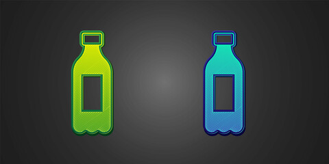 Fototapeta premium Green and blue Bottle of water icon isolated on black background. Soda aqua drink sign. Vector