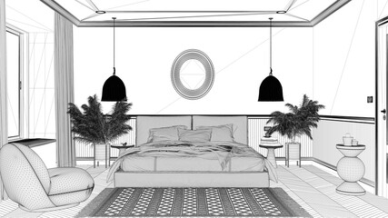 Blueprint project draft, elegant bedroom with modern minimalist furniture. Parquet, double bed with pillows, pendant lamps and mirror. Wallpaper and carpet. Classic interior design
