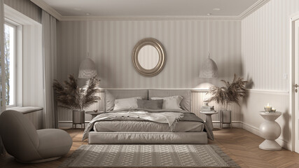 Elegant bedroom with modern minimalist furniture. Herringbone parquet, double bed with pillows, rattan pendant lamps and round mirror. Wallpaper and carpet. Classic interior design