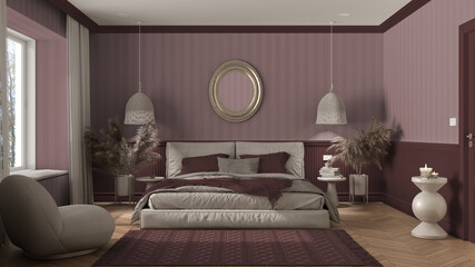 Elegant bedroom in red tones with modern minimalist furniture. Herringbone parquet, double bed with pillows, pendant lamps and mirror. Wallpaper and carpet. Classic interior design