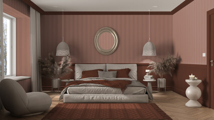 Elegant bedroom in orange tones with modern minimalist furniture. Herringbone parquet, double bed with pillows, pendant lamps and mirror. Wallpaper and carpet. Classic interior design