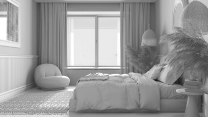 Total white project, elegant bedroom with modern minimalist furniture. Parquet, double bed with pillows, big window and mirror. Wallpaper and carpet. Classic interior design