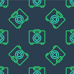 Line First aid kit icon isolated seamless pattern on blue background. Medical box with cross. Medical equipment for emergency. Healthcare concept. Vector