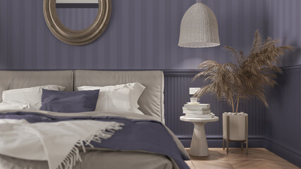 Elegant bedroom close-up in violet tones with modern minimalist furniture. Parquet, wallpaper, double bed with pillows, rattan pendant lamps and round mirror. Classic interior design