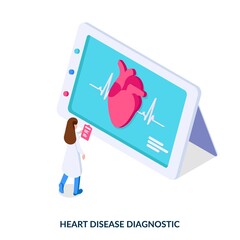 Heart Disease Diagnosis Concept. Cartoon doctor hand with a magnifying glass in front of a monitor with icon of heart. Isometric vector illustration on white background.
