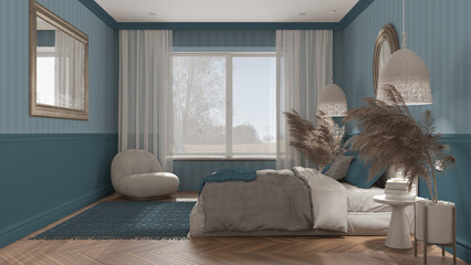 Elegant bedroom in blue tones with modern minimalist furniture. Big window, parquet, double bed with pillows, pendant lamps and mirror. Wallpaper and carpet. Classic interior design