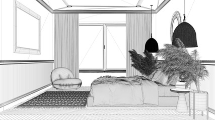 Blueprint project draft, elegant bedroom with modern minimalist furniture. Parquet, double bed with pillows, big window and mirror. Wallpaper and carpet. Classic interior design