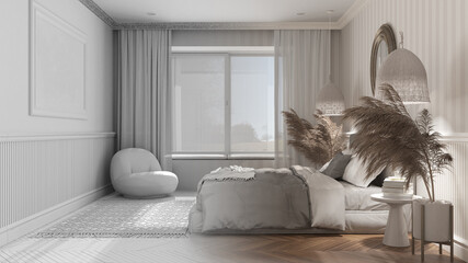 Architect interior designer concept: hand-drawn draft unfinished project that becomes real, elegant bedroom with modern minimalist furniture, classic interior design idea