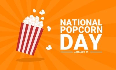 Popcorn isolated on a yellow background. Cinema icon in flat style. Snack. Big red and white strip box. as the national popcorn day banner. - obrazy, fototapety, plakaty