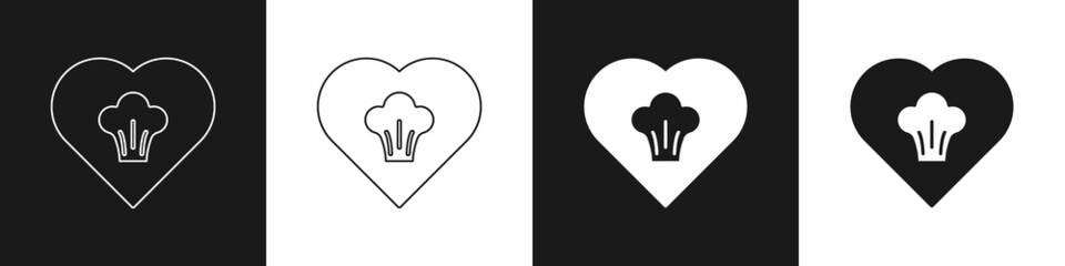 Set Chef hat icon isolated on black and white background. Cooking symbol. Cooks hat. Vector