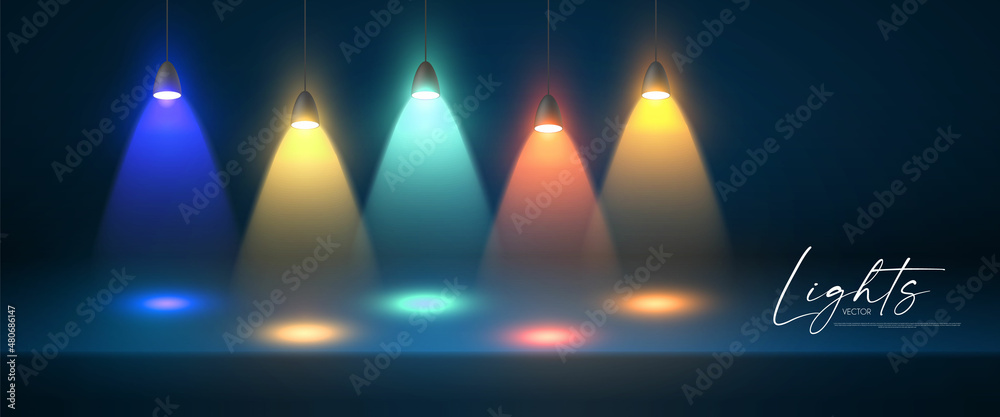 Wall mural colrful spotlight and empty scene. light effect presentation design. showcase element.