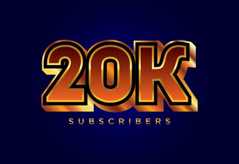 3d golden 20k subscribers social media celebration design. Vector illustration