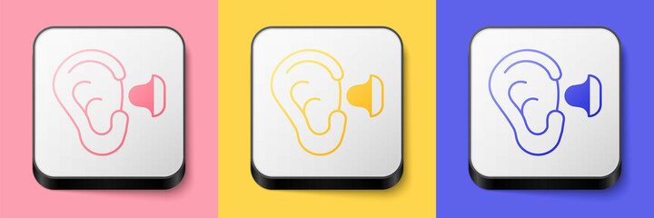 Isometric Earplugs and ear icon isolated on pink, yellow and blue background. Ear plug sign. Noise symbol. Sleeping quality concept. Square button. Vector