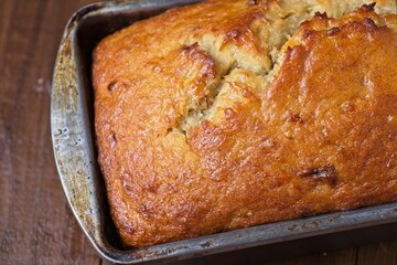 Close up of freshly baked banana bread in pan