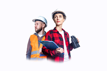 Young man and woman in construction clothes on a white background.