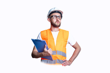 Fototapeta premium Young man in building clothes, holding a clipboard on a light background.