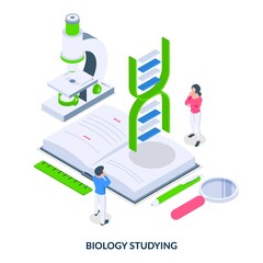 Biology study concept. People stand in front of a microscope, book and a DNA icon. Vector illustration in isometric style. Isometric vector illustration on white background.